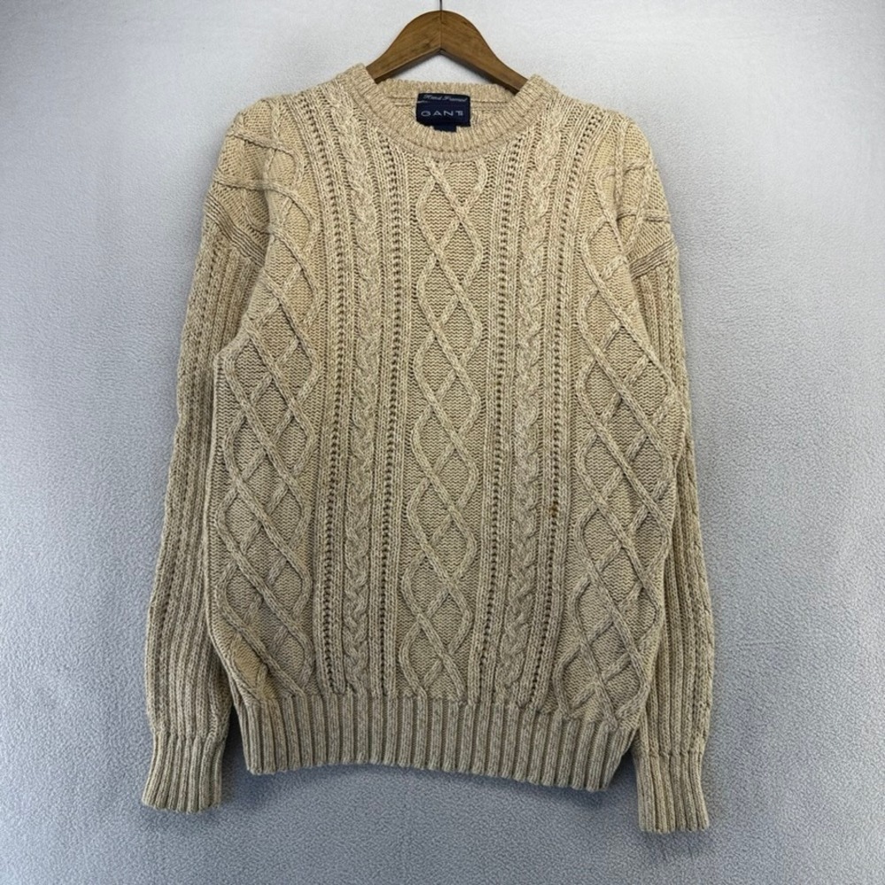 Vintage Gant Sweater Mens Large Beige Hand Framed Cable Knit Chunky Fisherman
